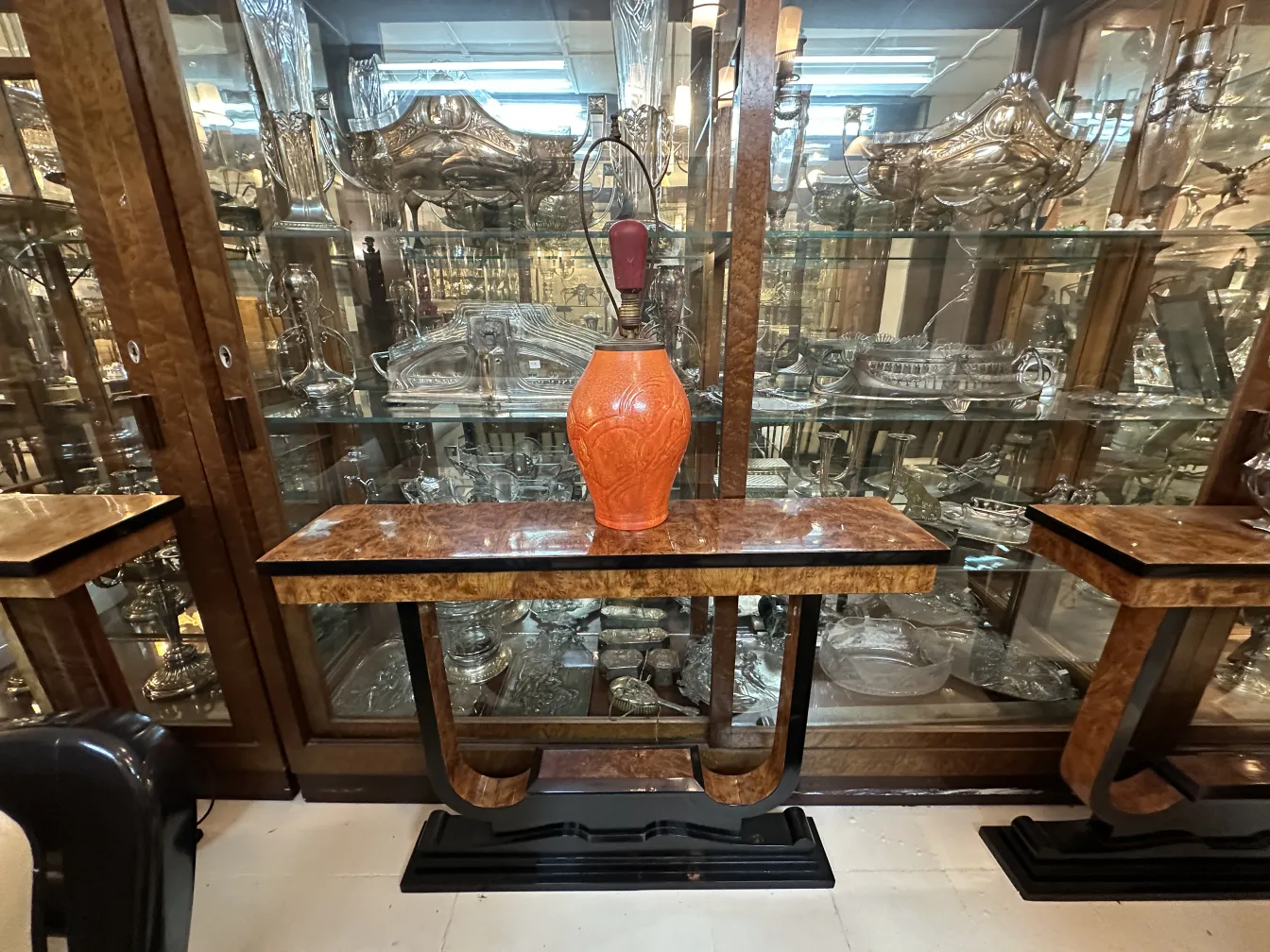 antique table lamp in display setting with shiny glass