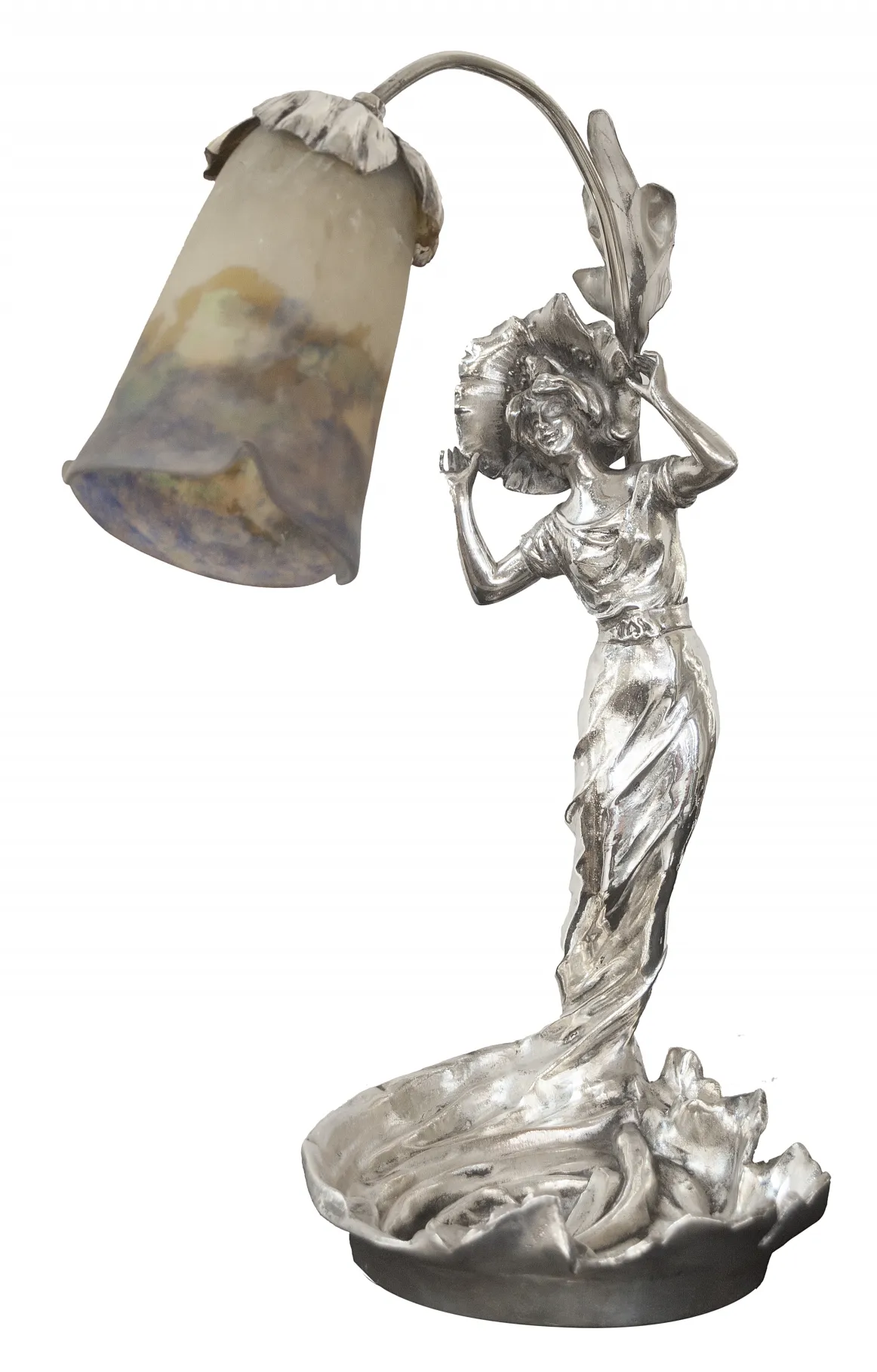 antique table lamp featuring a figure and colorful shade
