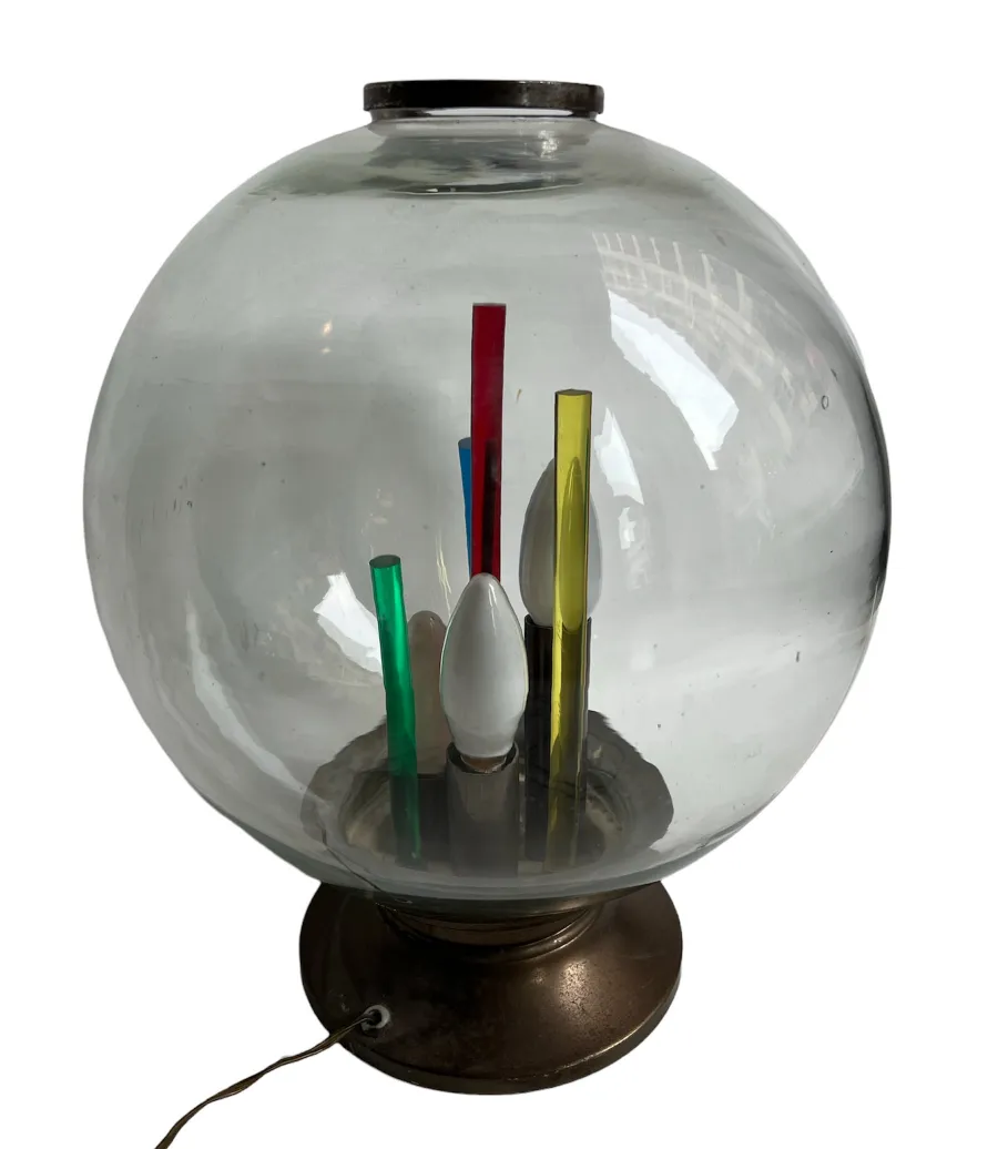 Luminária de mesa antiga com base esférica e vidro