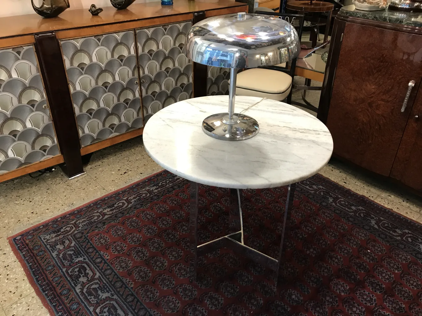 Antique table lamp with chrome base and shade