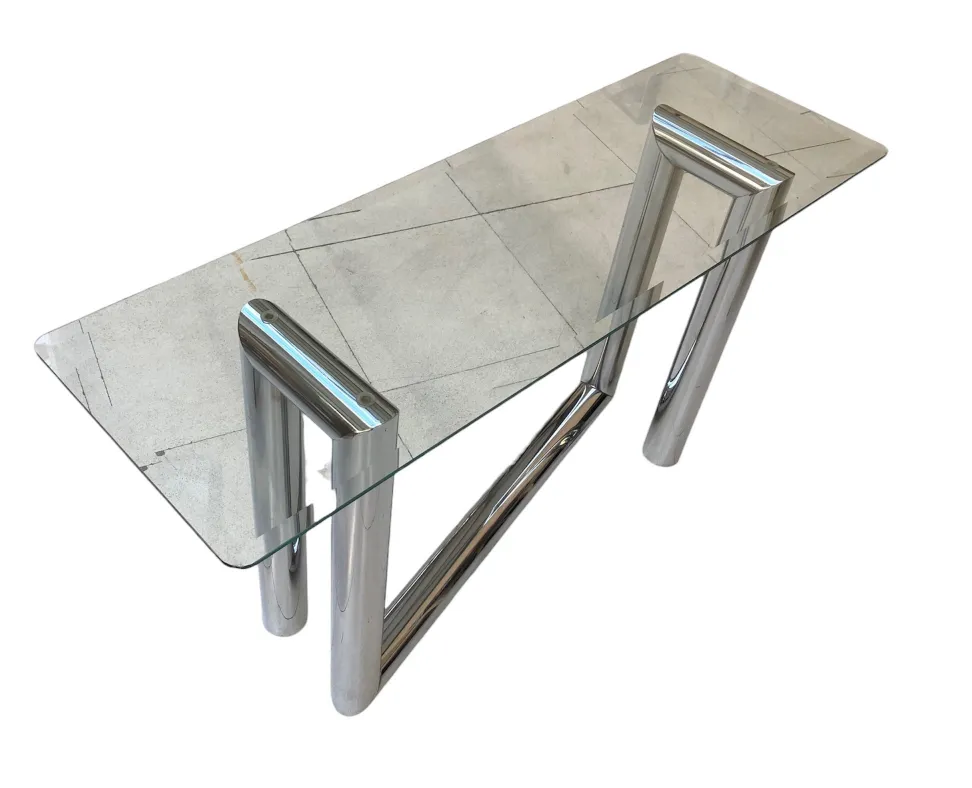 console antica con base in metallo e piano in vetro