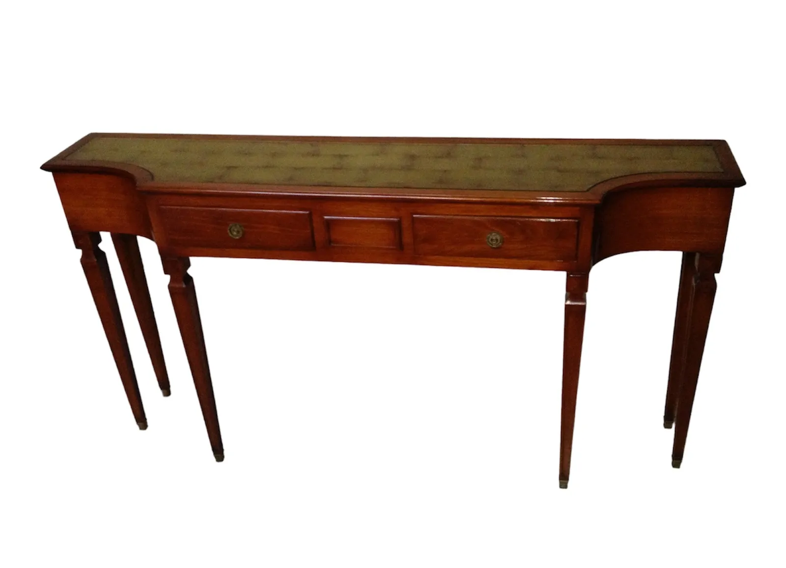 antique console table with decorative top and long legs, featuring three drawers