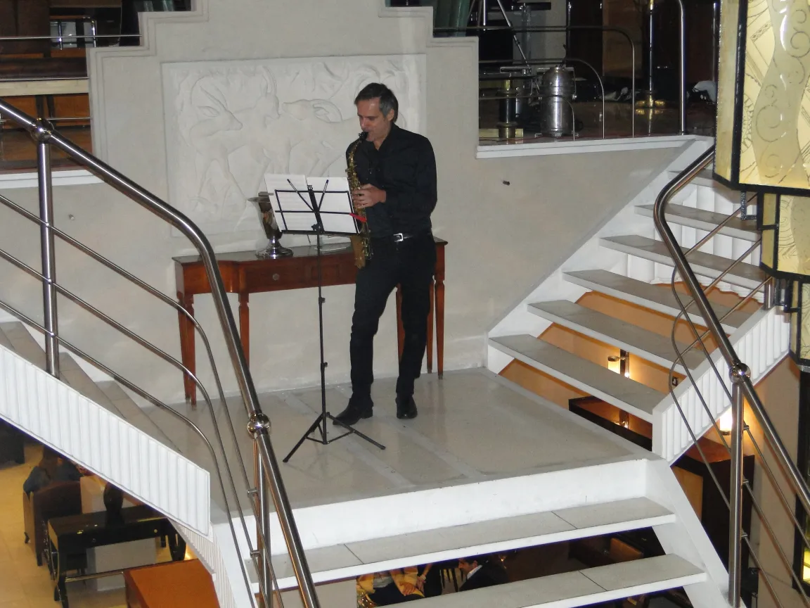 live music on a stage with an antique console