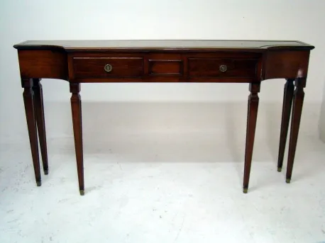 table console ancienne avec deux tiroirs et des pieds fins