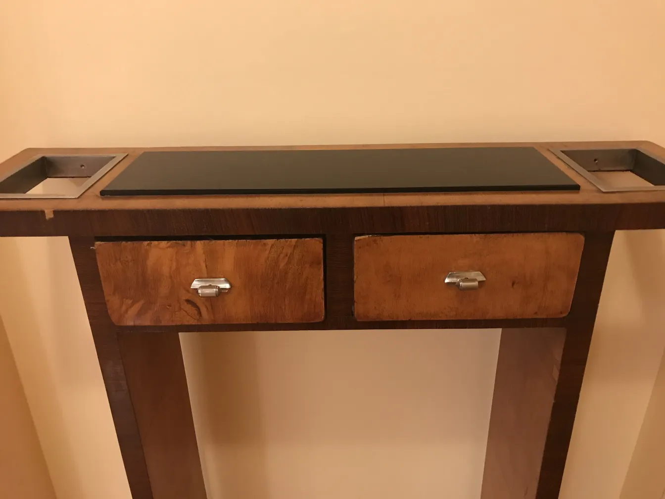 Antique console with two drawers and black top