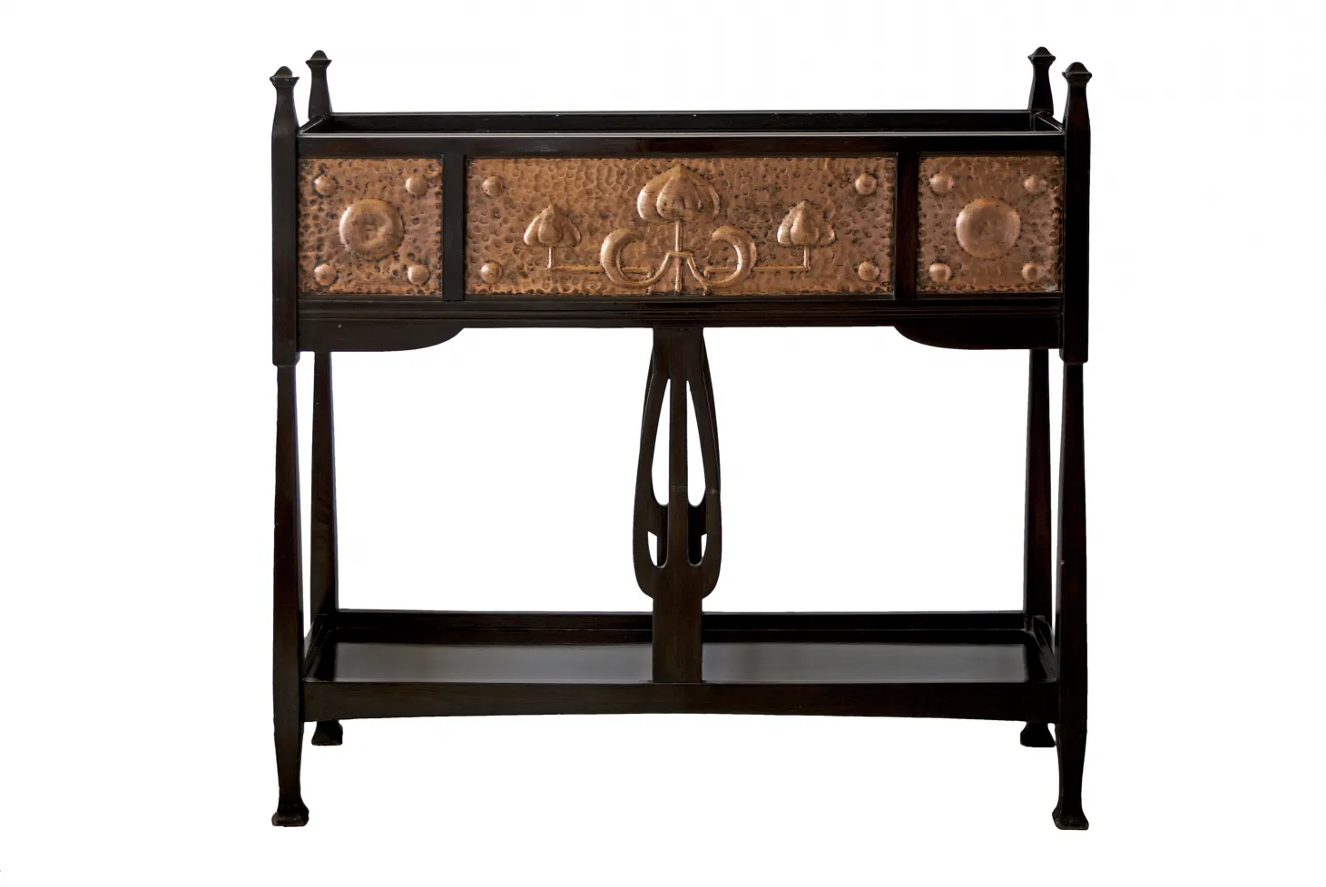 Front view of an antique console table with decorative features on top and elegant legs