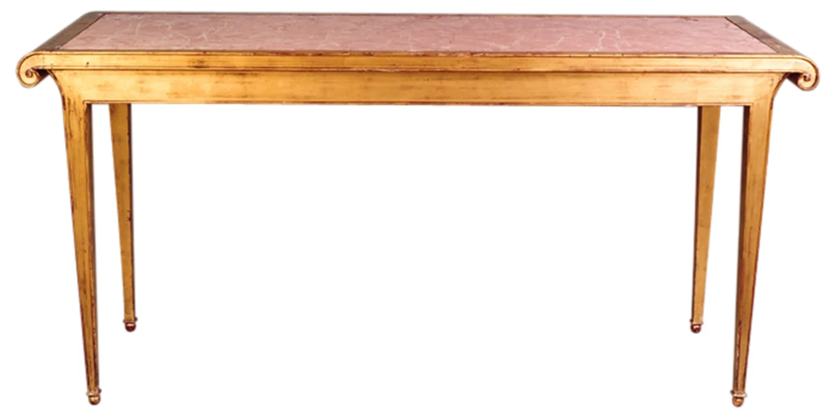 antique console with pink surface and gold legs, elegant