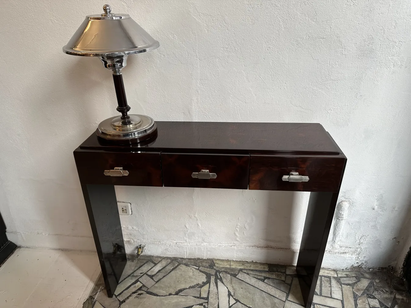 two vintage consoles with three drawers, silver lamp