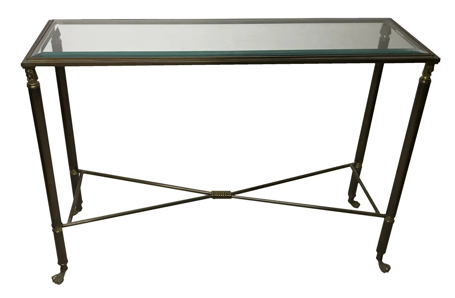 तीन पुरानी कंसोल टेबल, खूबसूरत संरचना और सजावटी पैर के साथ।