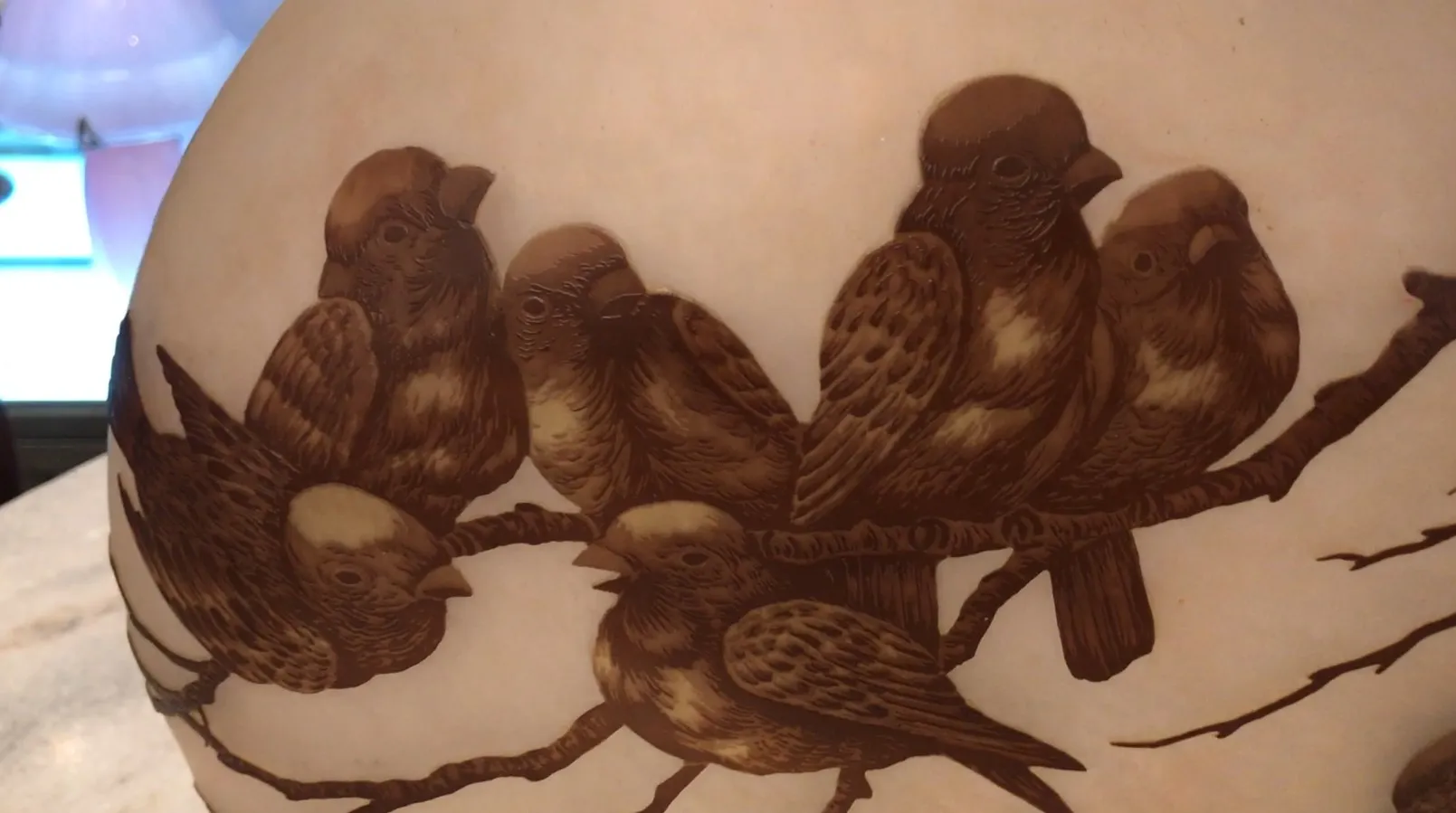 Signed glass Muller Fres decorated with birds on branches