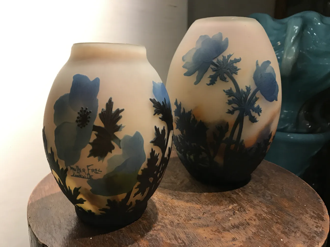 Beautiful signed glass by Muller Fres featuring decorative details in blue tones, unique antique piece.