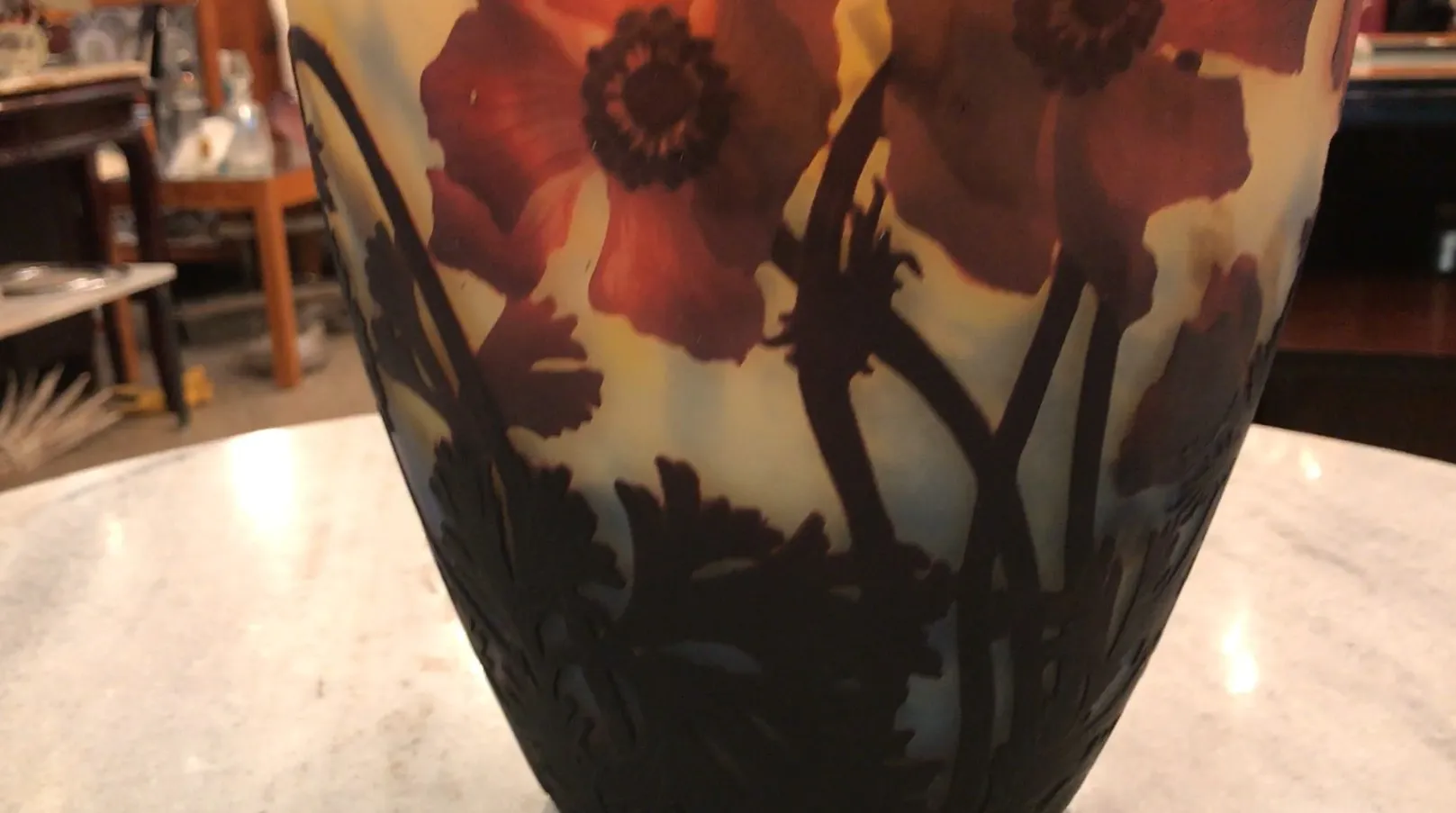 Antique signed glass Muller Fres featuring colorful floral design.