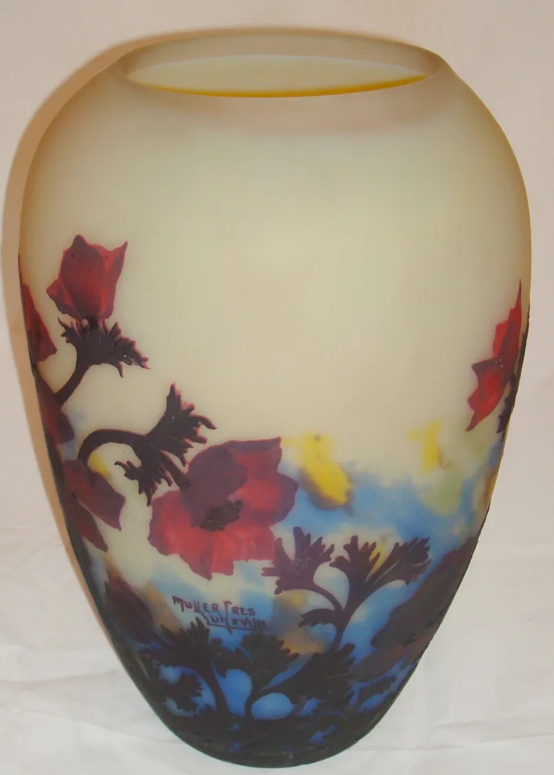 Signed Muller Freres glass featuring floral design and vibrant colors, decorative antique.