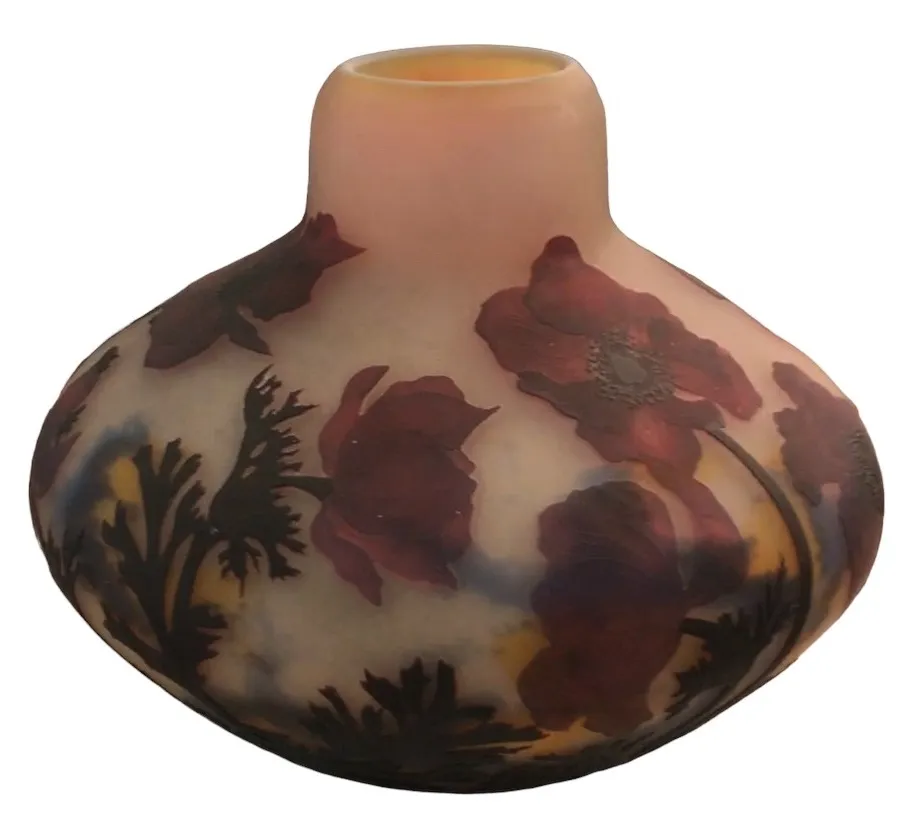 signed glass Muller Fres with red and green floral design