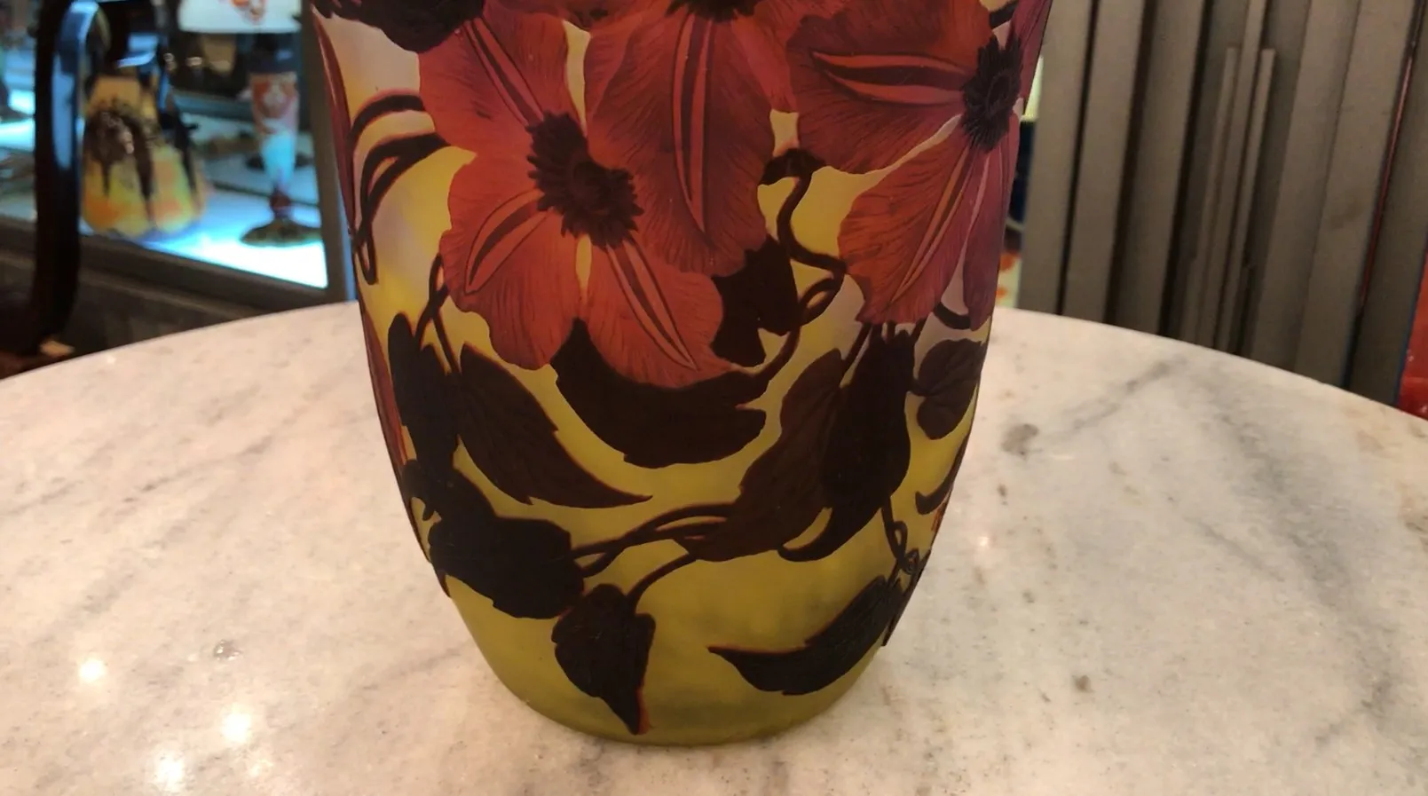 Antique glass with red and yellow flowers, Muller Fres