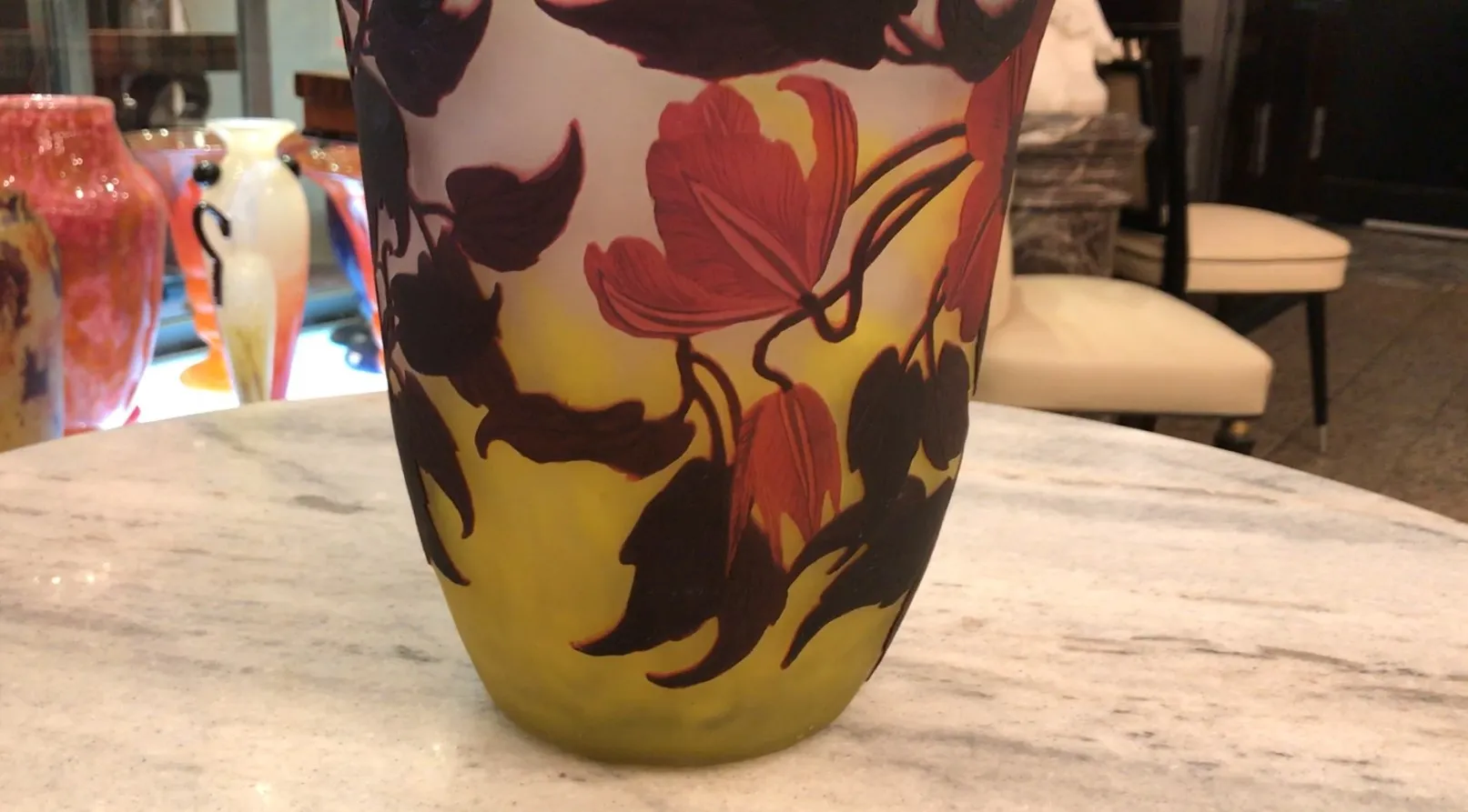 antique signed glass Muller Fres with decorative flowers in red and black