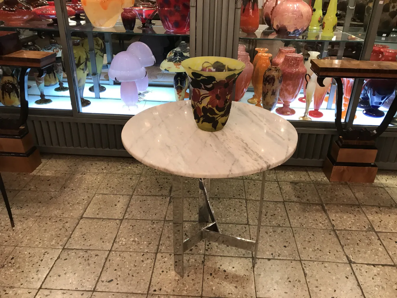 colorful vase on marble table, antique adorned