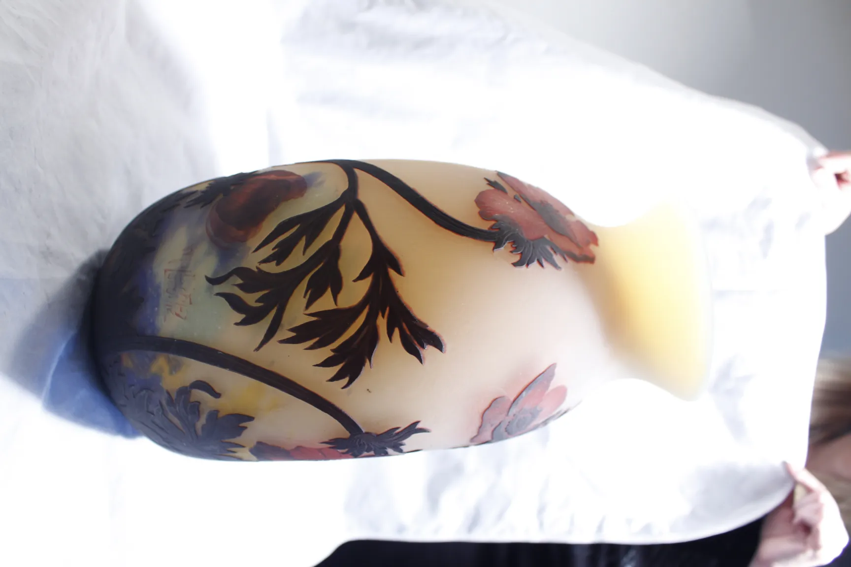 꽃무늬 장식 유리, 바닥에 Muller Fres 서명이 있습니다.