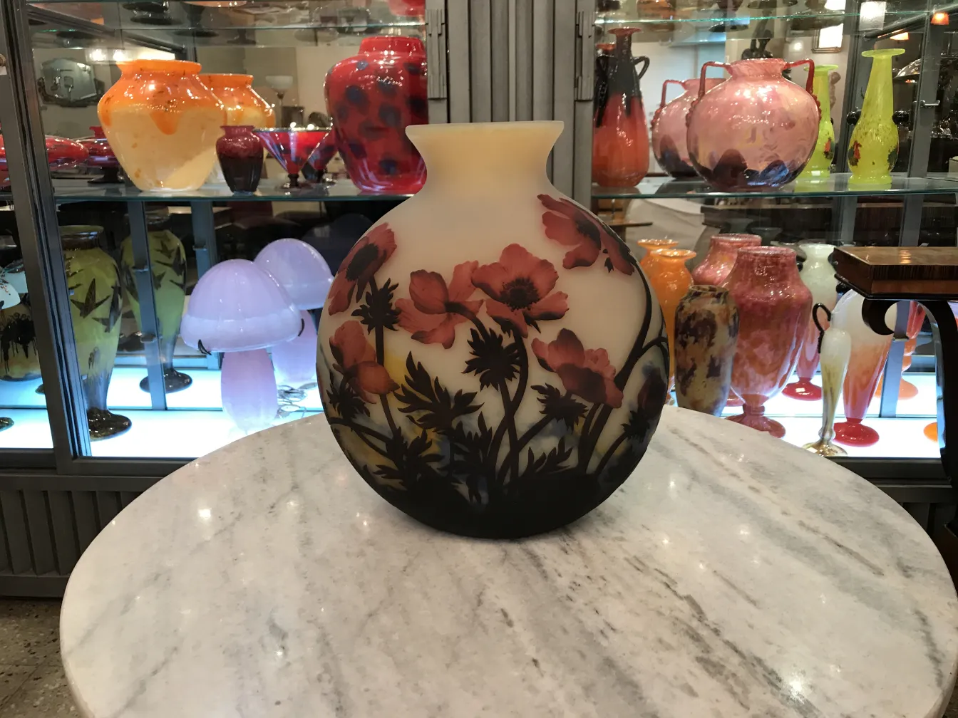 dekoratives antikes signiertes Glas Muller Fres mit Blumenmotiven