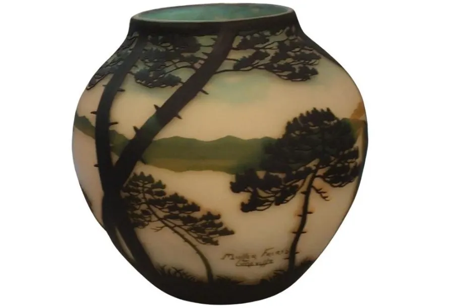 Signed glass Muller Fres with landscape and trees, antique