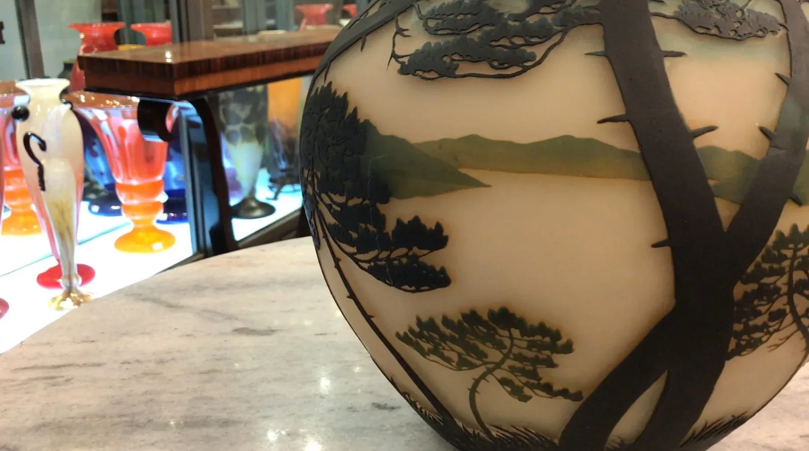 antique signed glass by muller freres with landscape