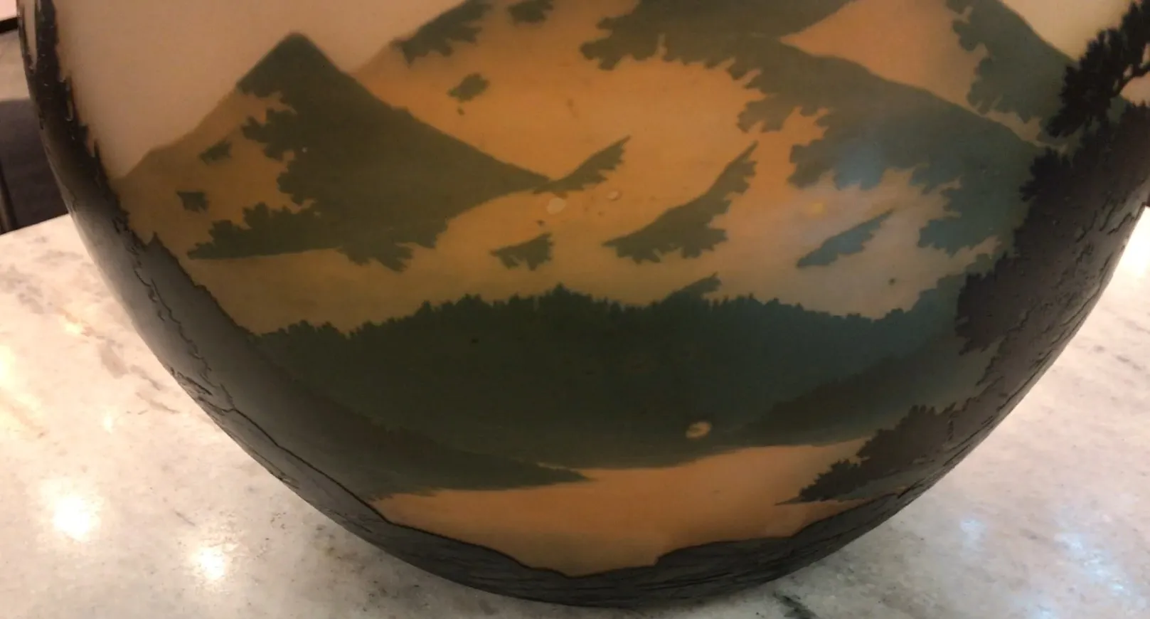 Signed glass Muller Fres featuring an antique landscape design.