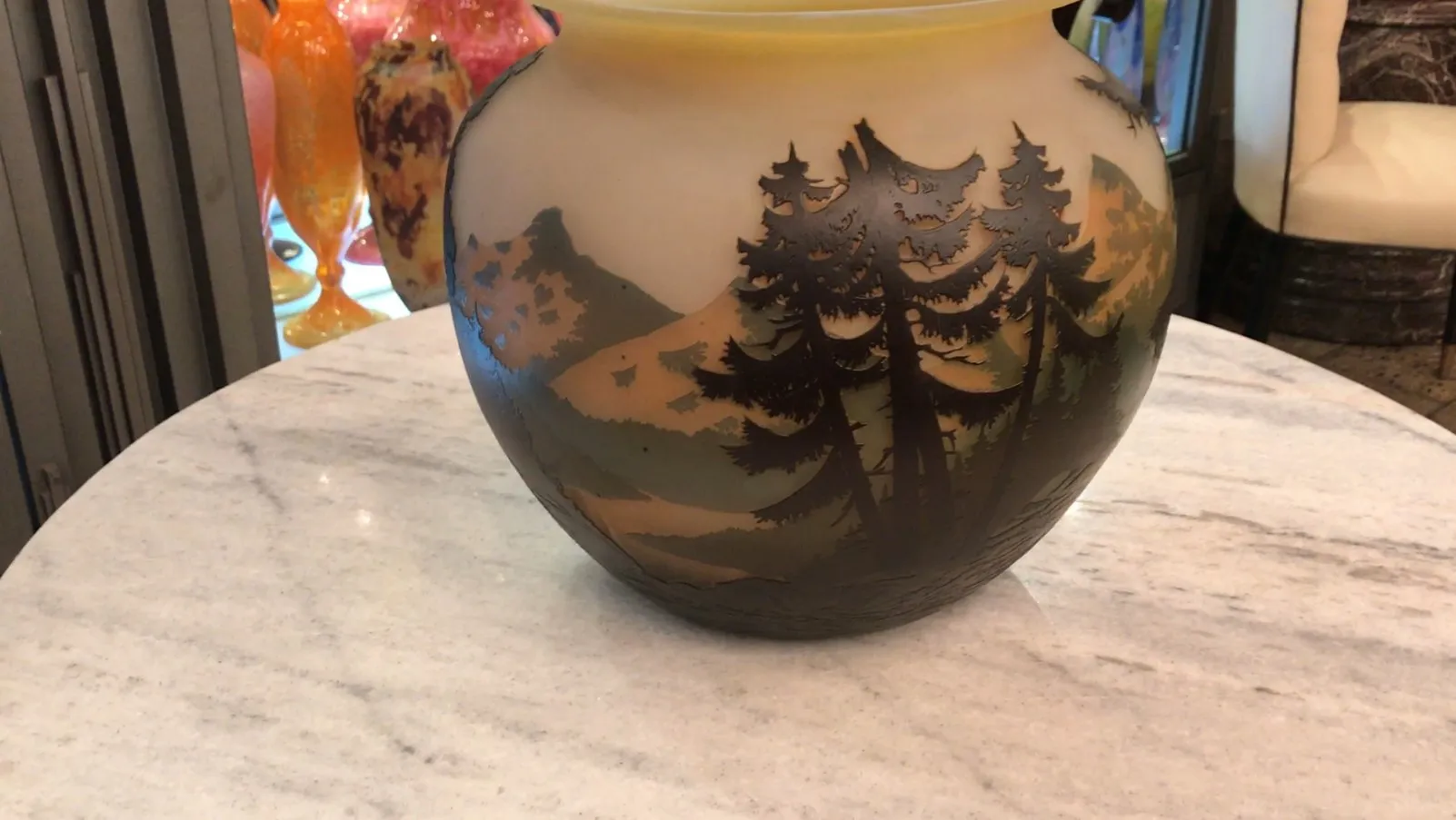 Signed glass Muller Fres featuring landscape and tree design, antique