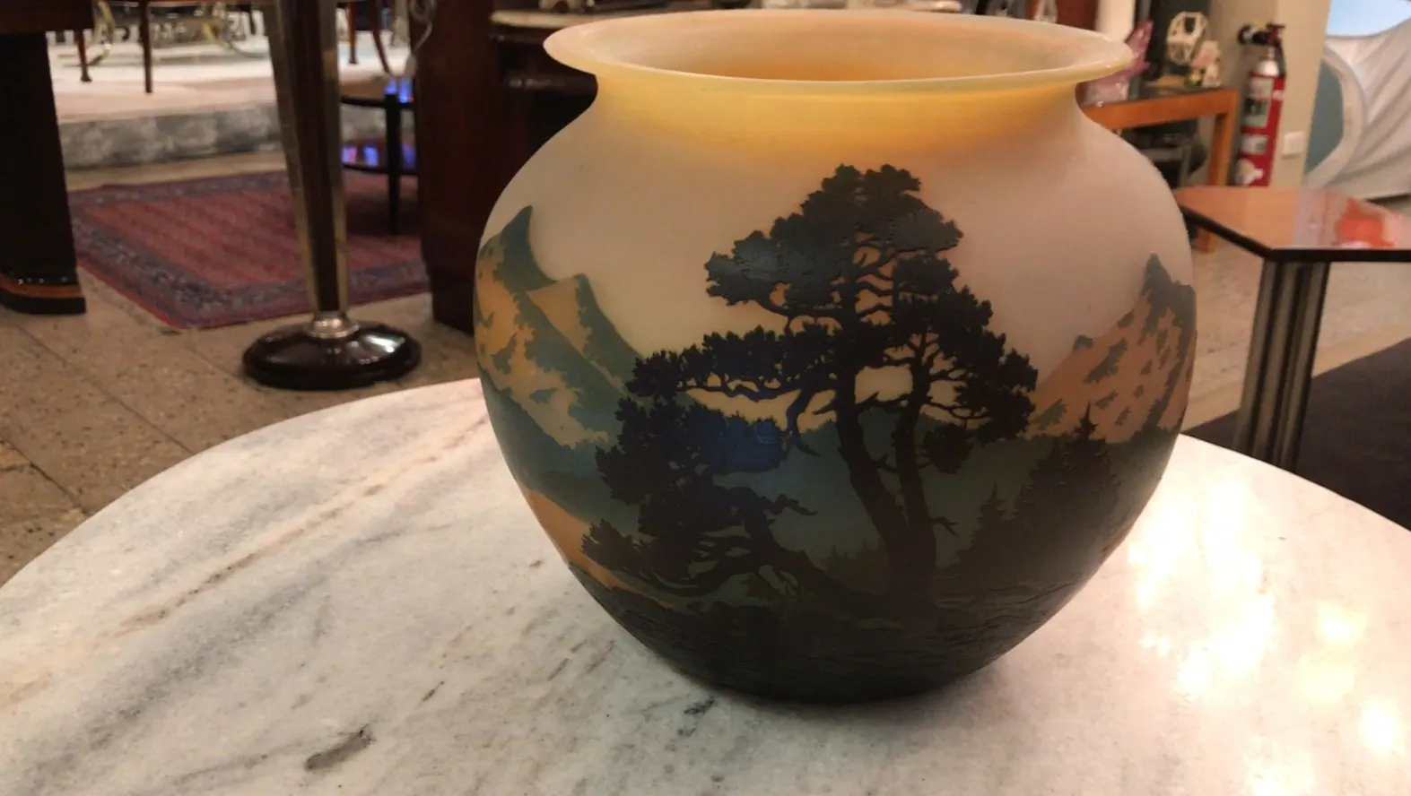 Signed glass vase by Muller Fres with trees and mountains