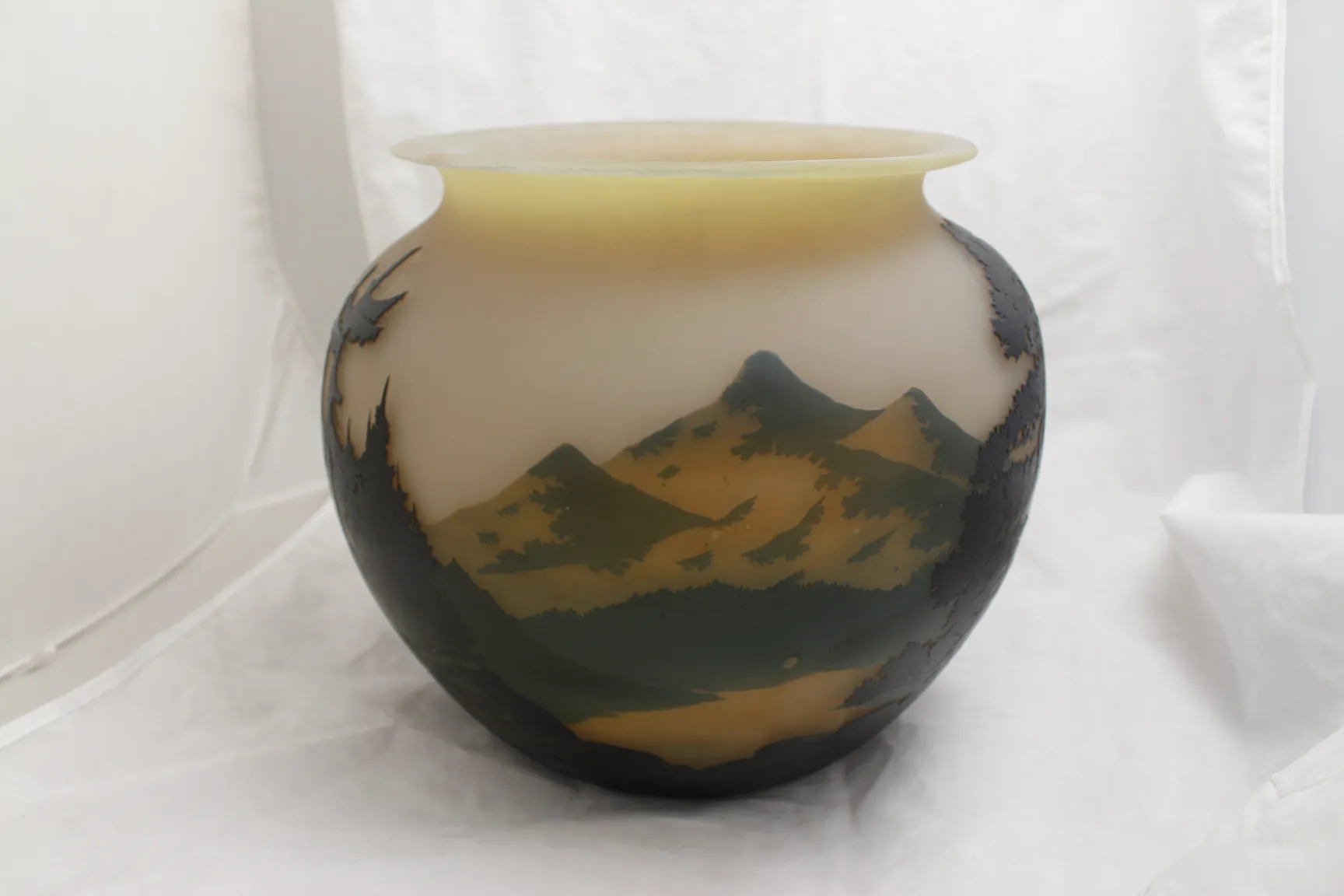 Anthropomorphic signed glass by Muller Freres with landscape