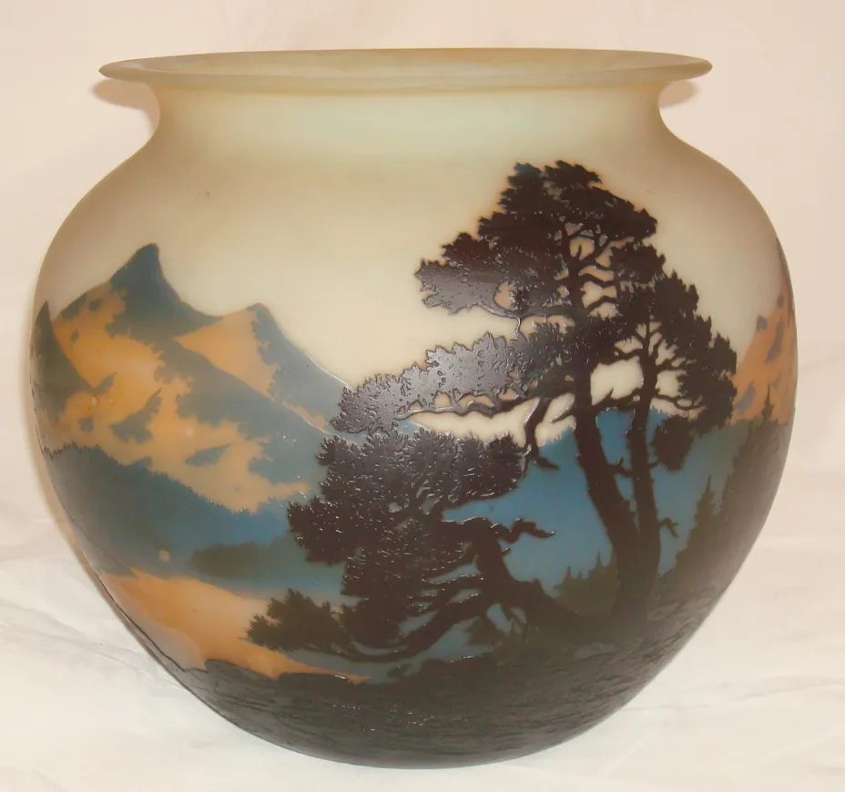 Signed glass Muller Fres featuring a natural landscape with trees in artistic design