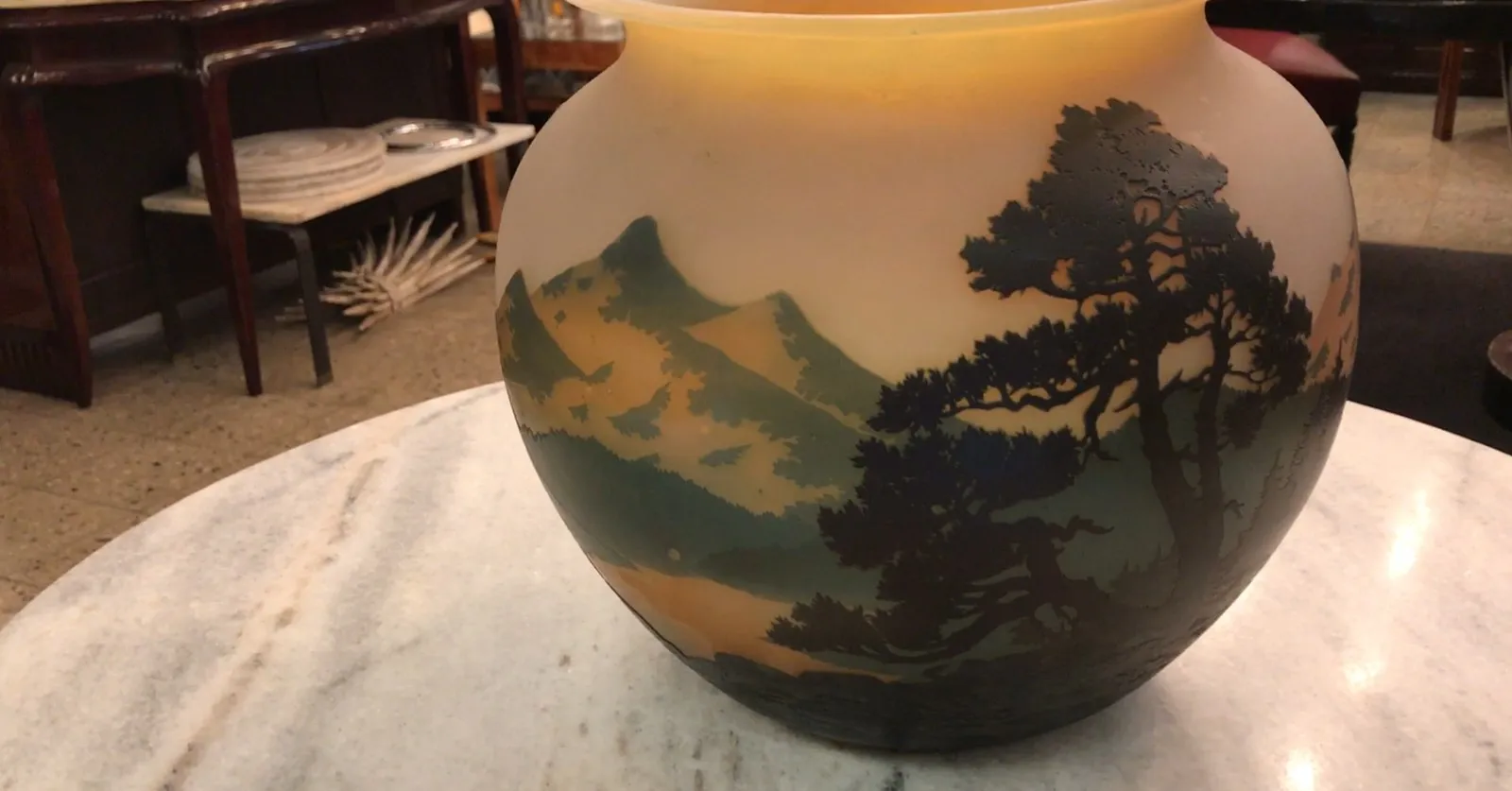 antique glass jar signed by muller fres featuring landscapes