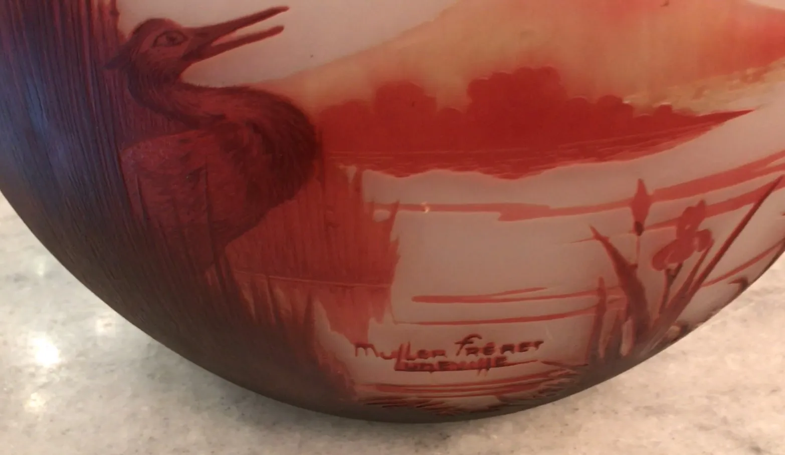 antique glass featuring Muller Fres signature and nature design.