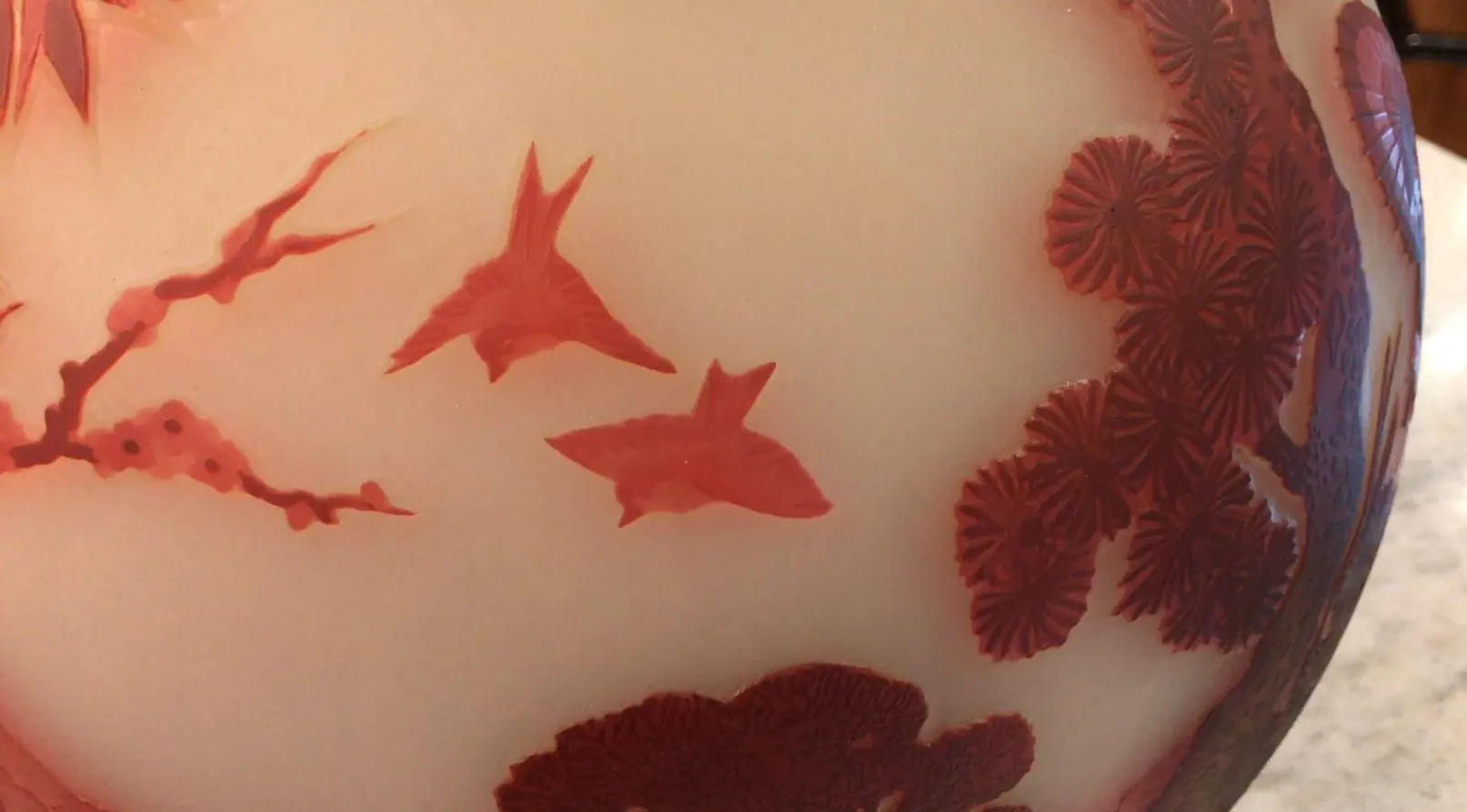 Antique signed glass by Muller Fres featuring bird designs