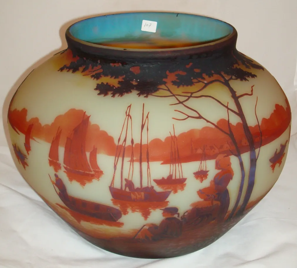 antique signed glass by Muller Fres with marine scenery