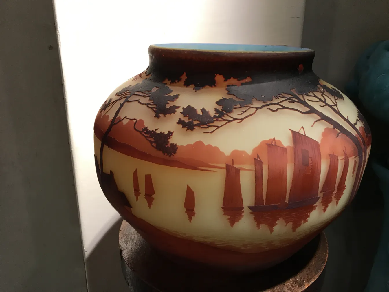 Antique signed glass featuring landscapes and boats, Muller Fres.