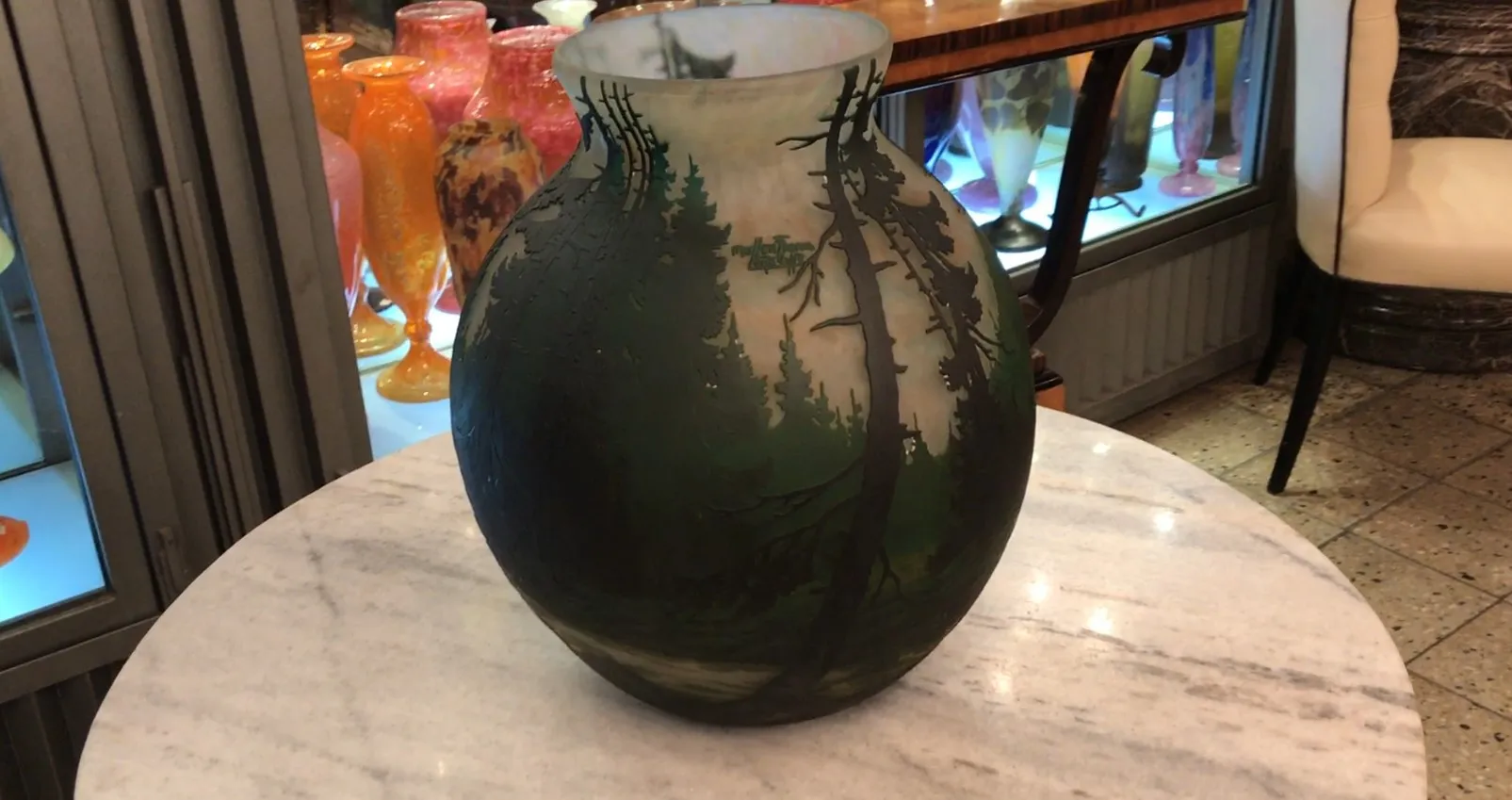 Signed glass Muller Fres featuring urban landscape design, notable antique.