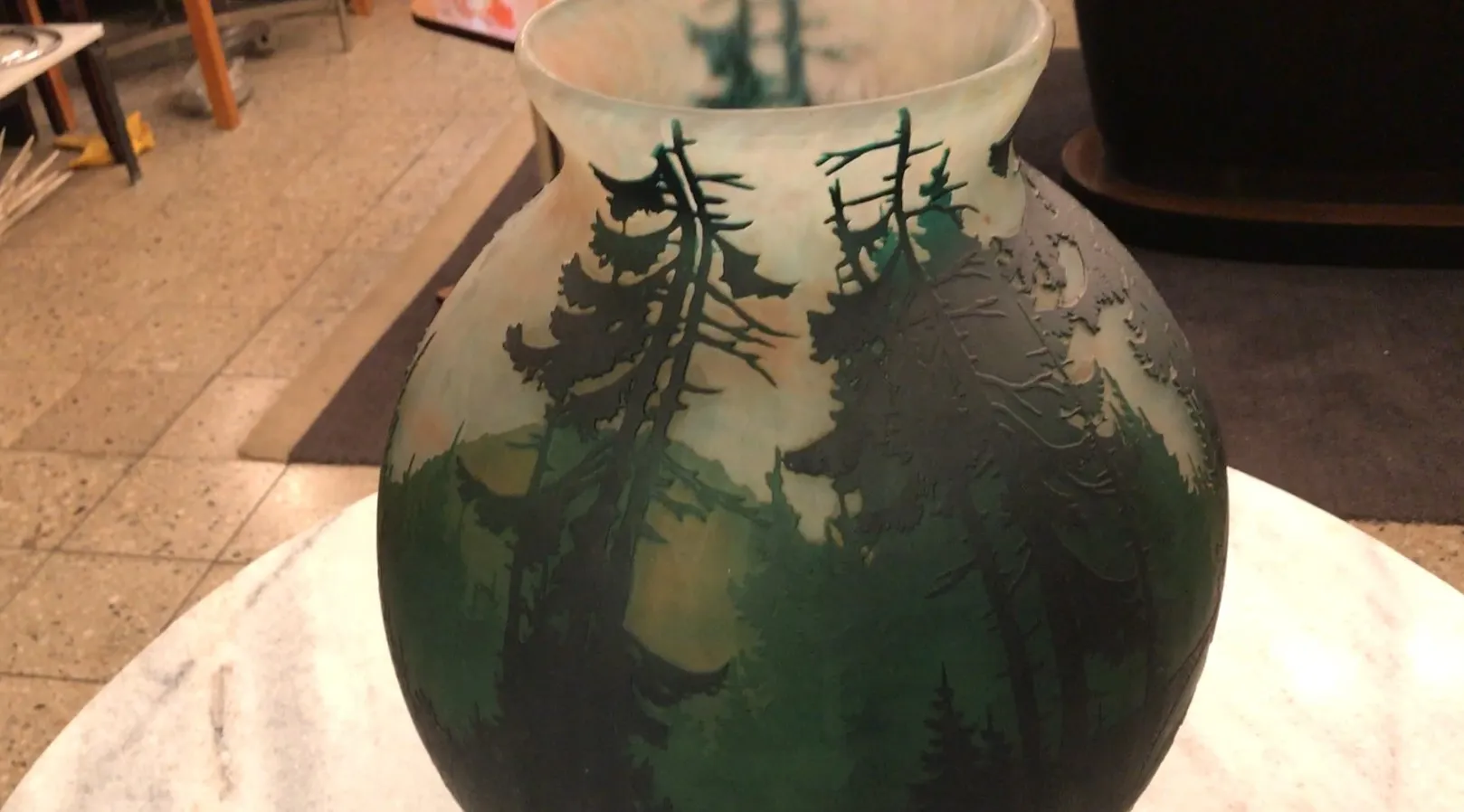 antique signed glass featuring landscapes and trees
