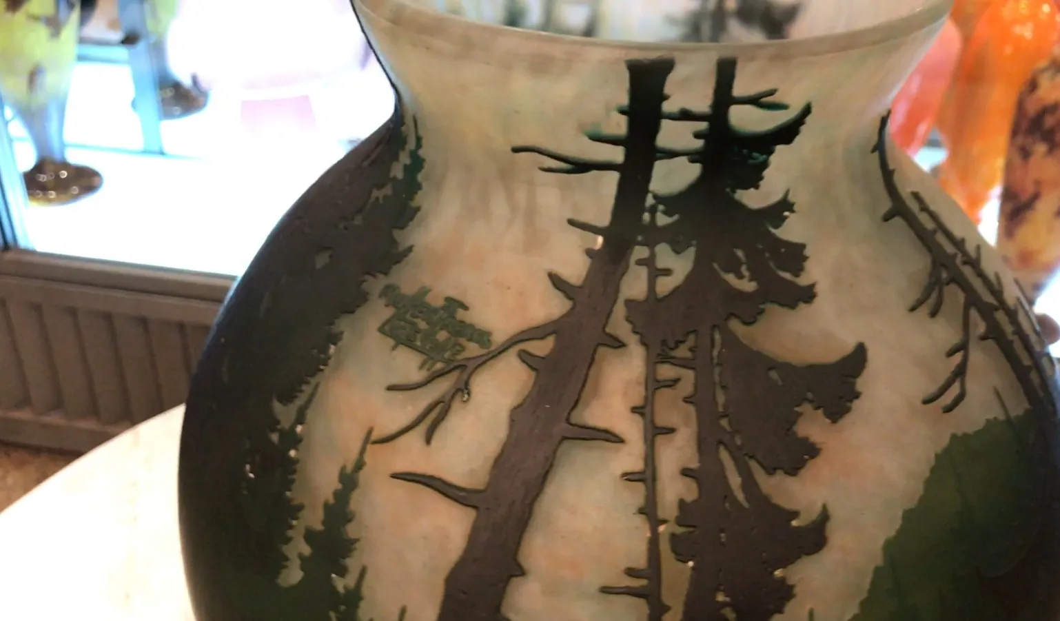 antique glass with tree design, signed Muller Fres.