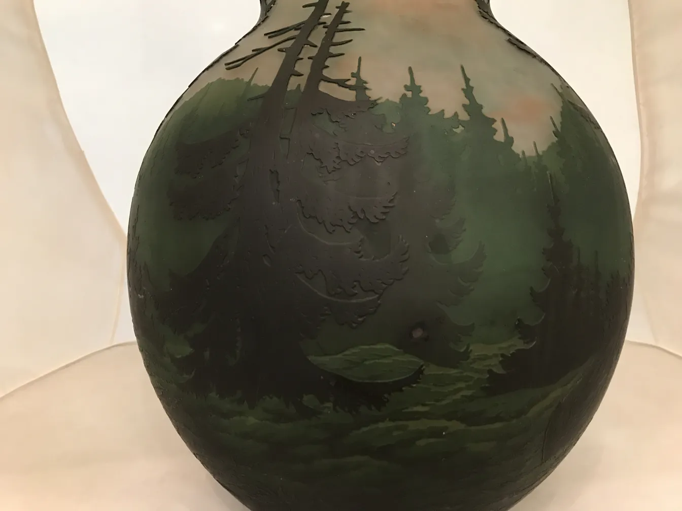 signed glass with tree landscape, antique and decorative