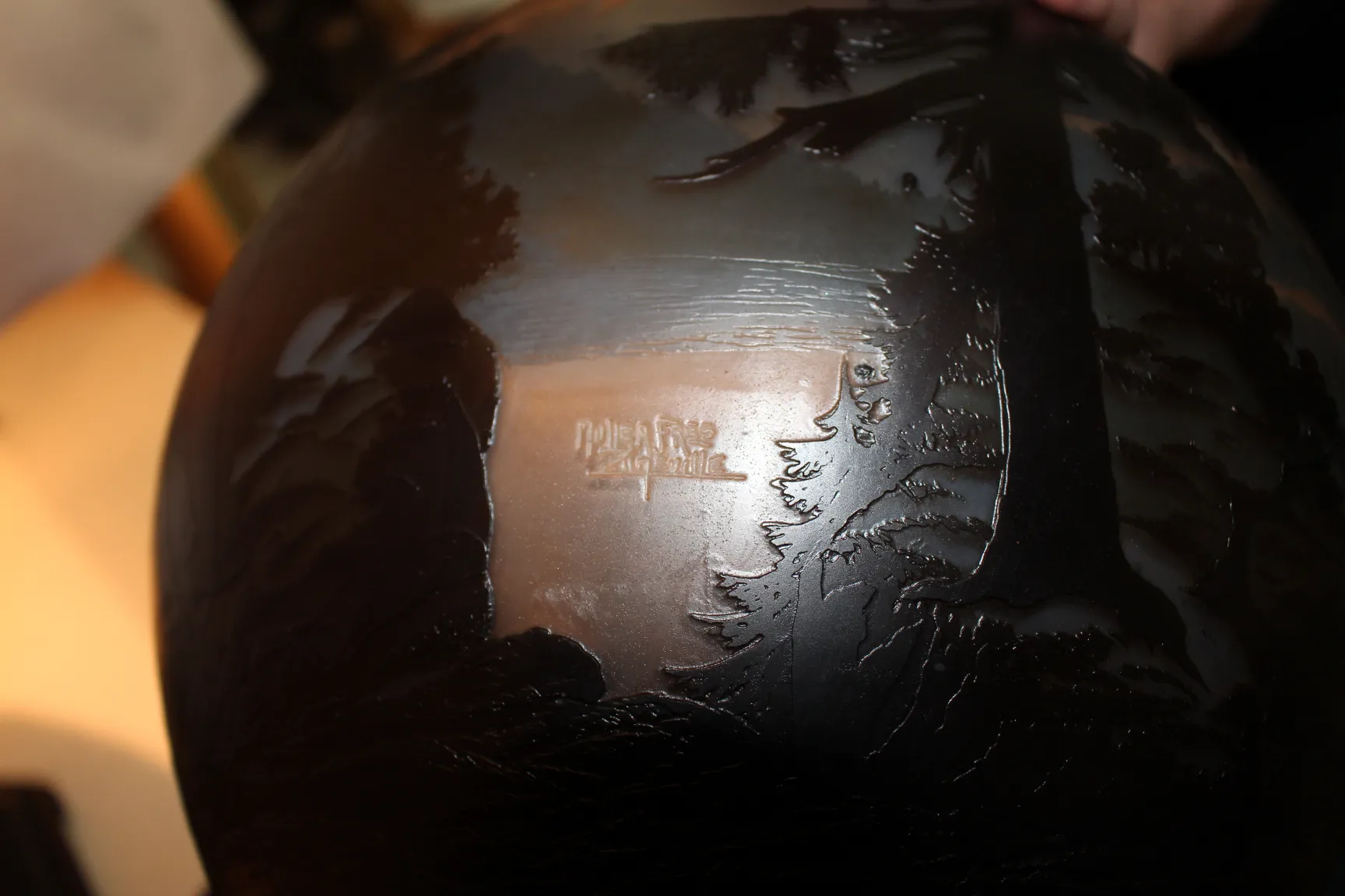 Antique signed glass by Muller Fres featuring artistic etching.