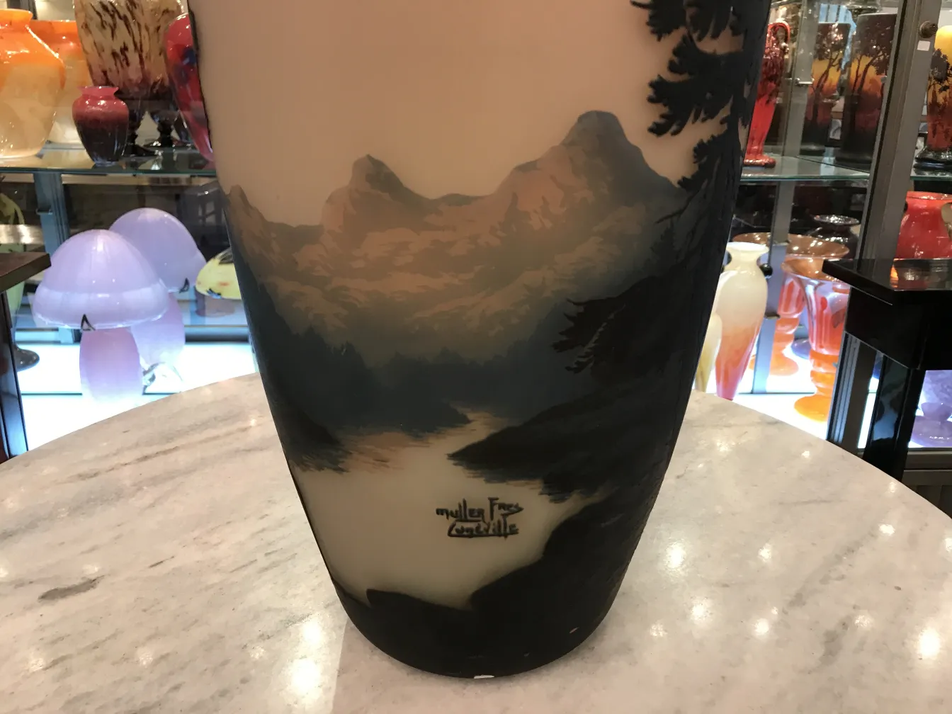 古い署名付きのMuller Fresガラス、山の風景、装飾的、エレガント