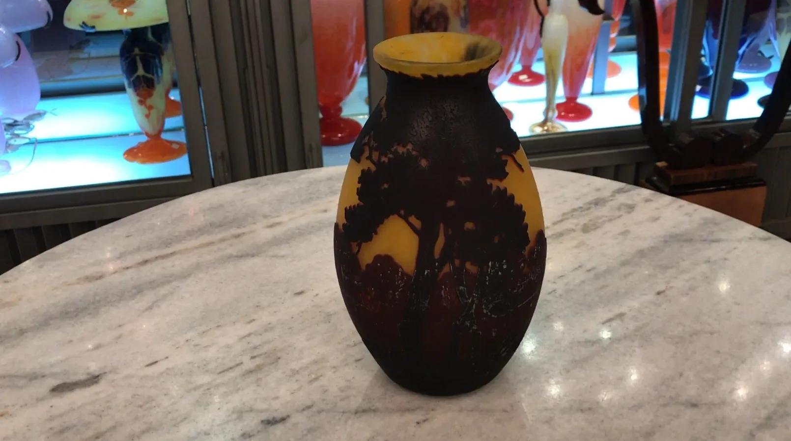 signed glass with nature motifs and trees, muller fres