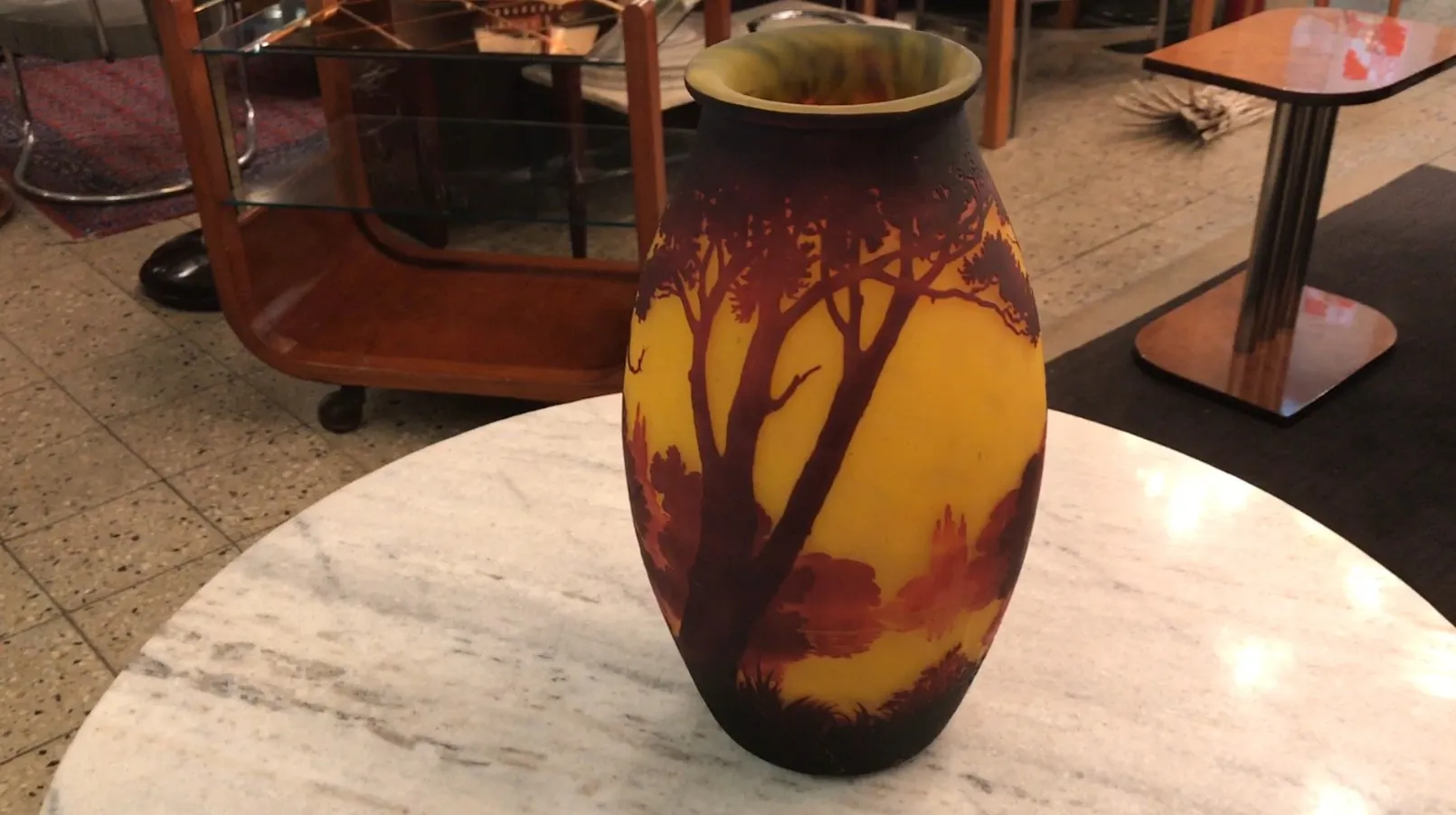 antique vase with tree and landscape design, signed muller fres