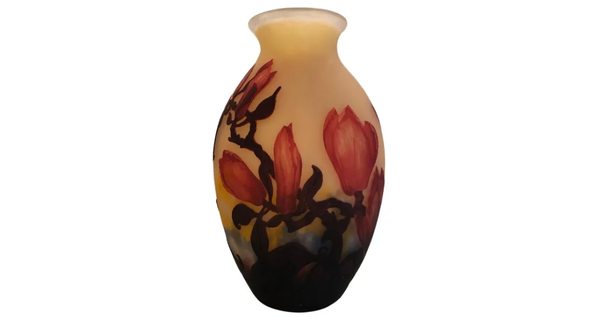 antique vase with red flowers and gradient background