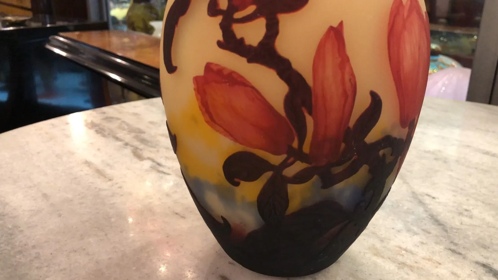 Floral design on antique signed glass by muller fres