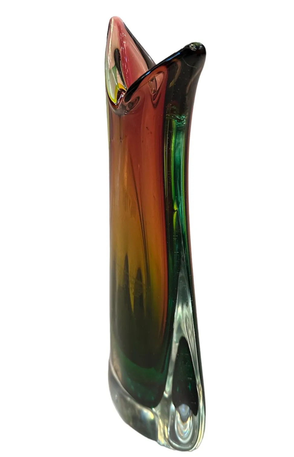 antique murano vase with a curved design in red and green