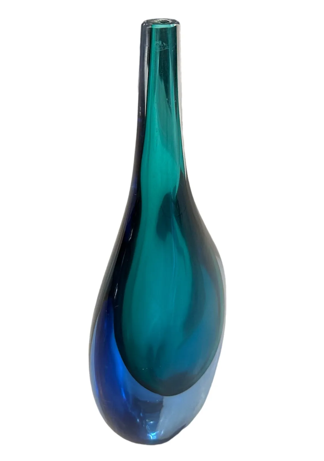 florero de murano antiguo con forma elegante y tonos azul oscuro y claro
