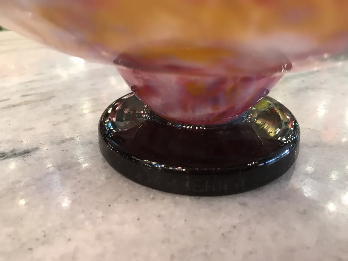 signed glass by schneider, colorful design, shiny base, antique