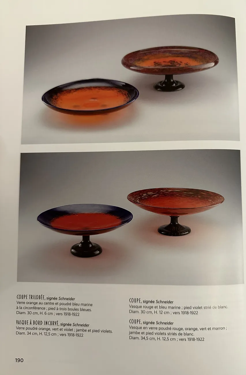 Vasos de vidrio antiguo con detalles en naranja y azul.