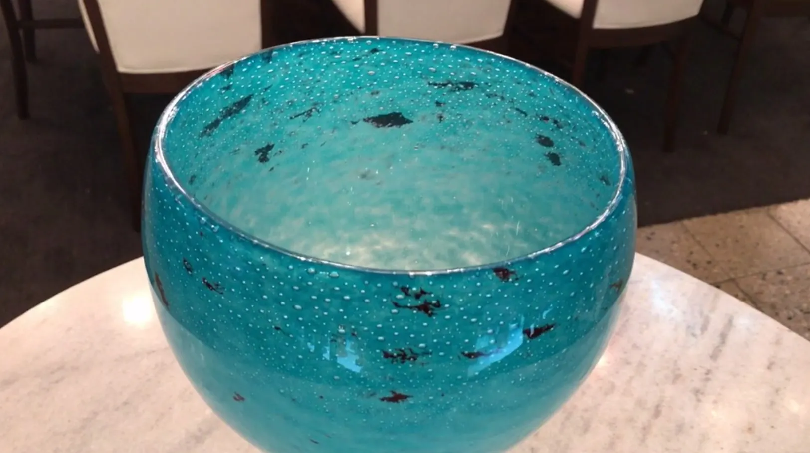 antique signed glass by Schneider in bright blue with bubbles